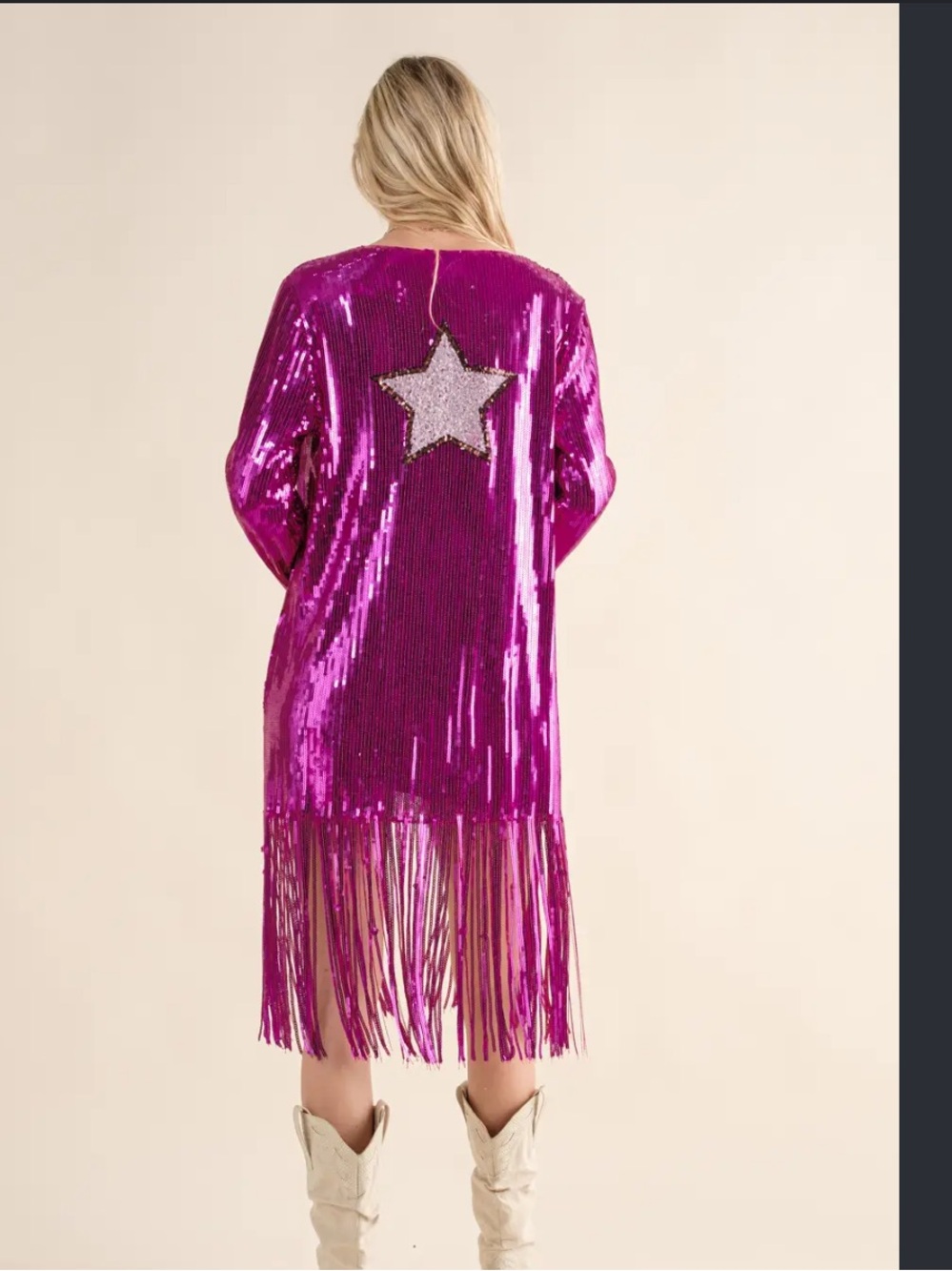 NWT blue b Sequin Fringe Open-Front Cardigan with Star Detail - Fuchsia
